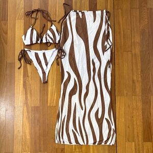Brown and White Zebra Print Bikini Set with Cover-Up